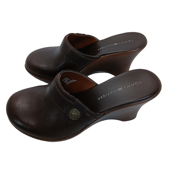 Tommy Hilfiger Mina Clogs Size 5.5M Brown Leather Upper - Picture 3 of 7